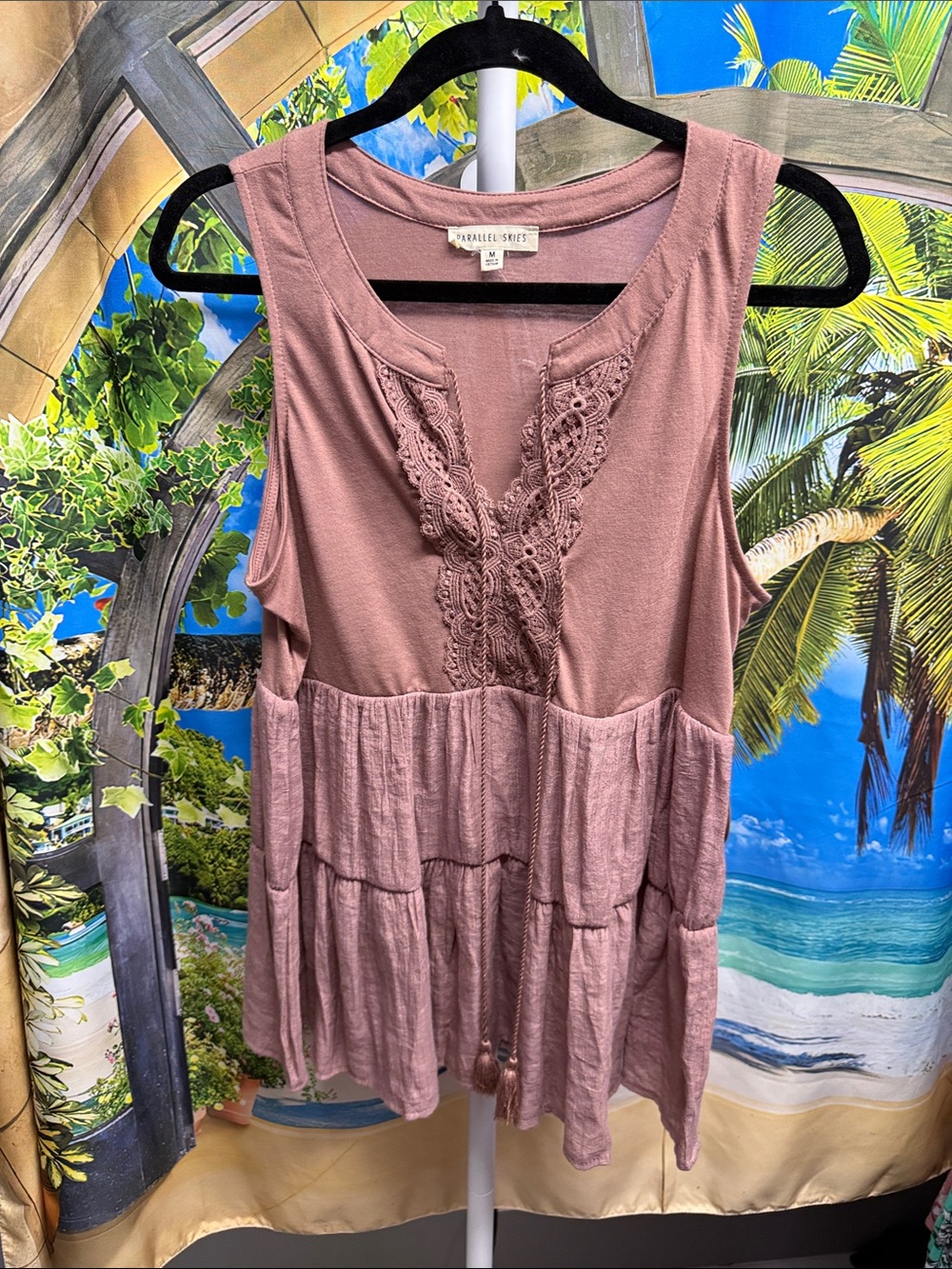 Parallel Skies Mauve Lace-Trim Tiered Sleeveless Top NWT